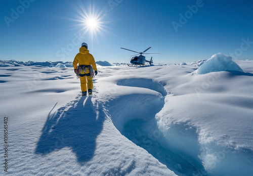 A mountaineer with climbing gear walking towards an approaching helicopter on the snow-covered ground of Alaska's wilderness, with mountains and a blue sky in the background. The sun is shining bright photo