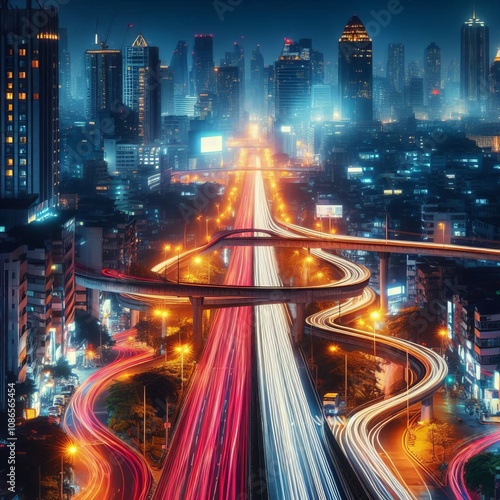 Slow Shutter Speed City Lights An urban landscape at night with