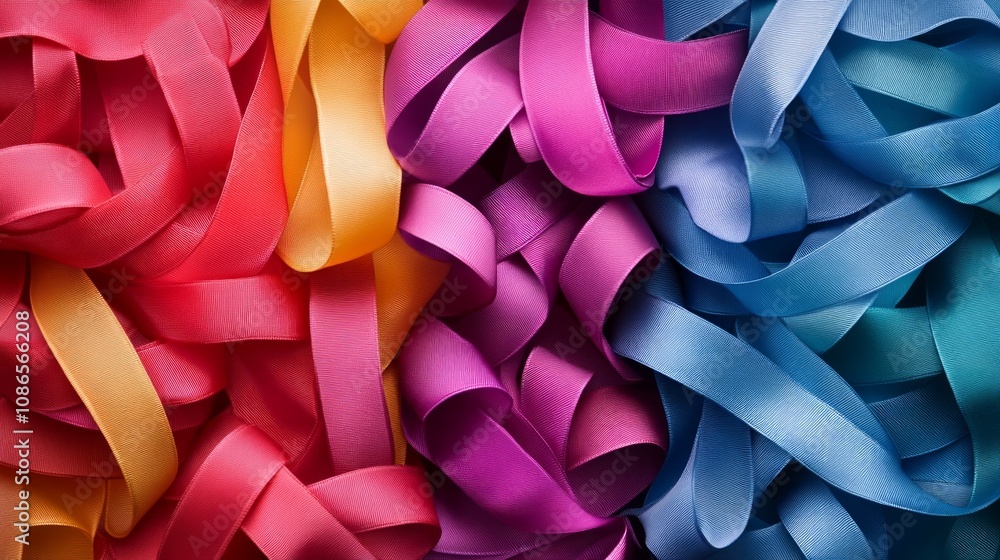A close-up shot of colorful ribbons in red, orange, pink, blue, and purple. A close-up shot of colorful ribbons in red, orange, pink, blue, and purple.