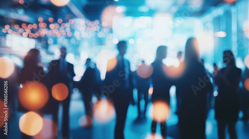 Silhouetted figures socialize in an urban setting with vibrant lights during an evening gathering in a modern venue