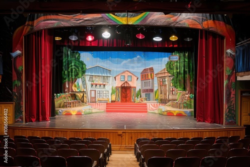 A vibrant theater stage set for a performance, featuring colorful backdrops and seating. photo