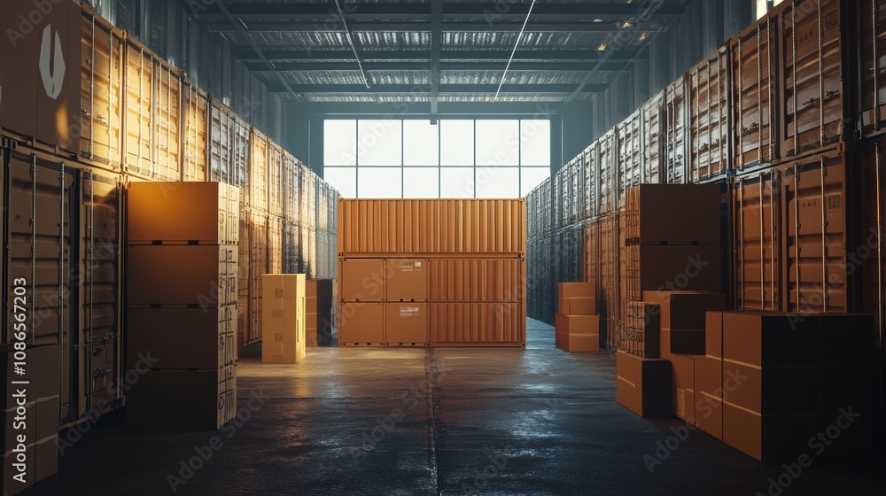 Warehouse setup of a shipping container and stacked boxes ready for delivery. Warehouse setup of a shipping container and stacked boxes ready for delivery.
