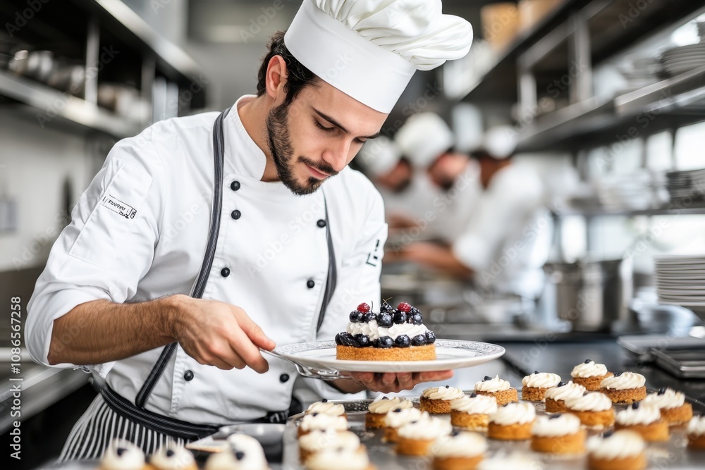 Male chef in a toque blanche plating a gourmet dessert with artistic finesse and attention to detail in a fine dining kitchen Male chef in a toque blanche plating a gourmet dessert with artistic finesse and attention to detail in a fine dining kitchen