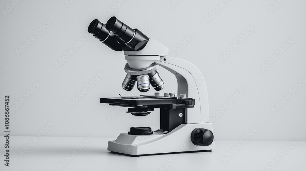 White microscope on table, microscope against white background. Light microscope White microscope on table, microscope against white background. Light microscope