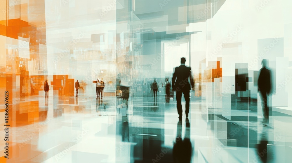 People walking through a contemporary art exhibit with vibrant colors and geometric shapes in a modern gallery setting during the day People walking through a contemporary art exhibit with vibrant colors and geometric shapes in a modern gallery setting during the day