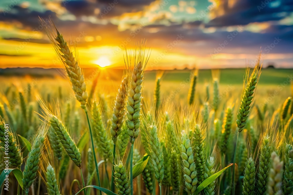 Golden hour bathed a vibrant wheat field, bokeh blurring the summer landscape.