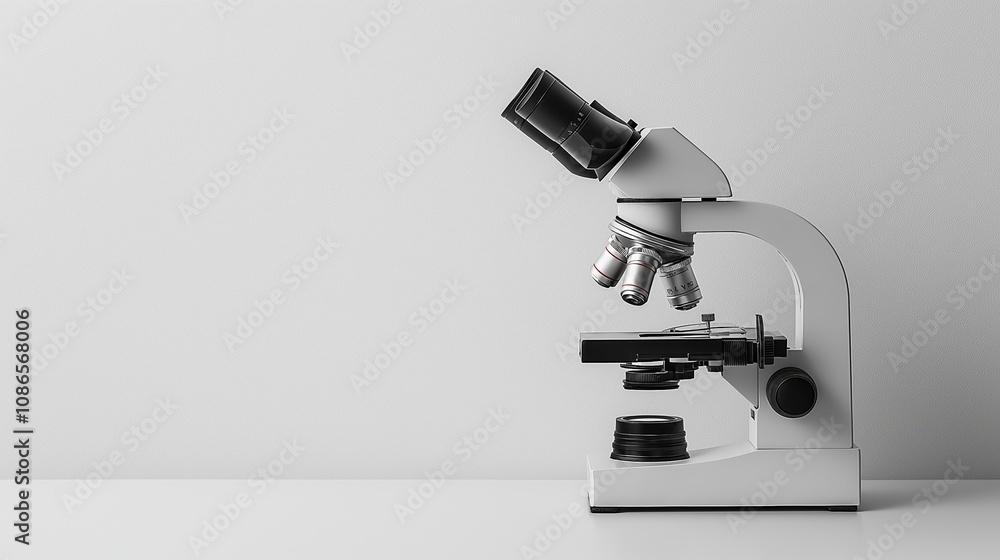White microscope on table, microscope against white background. Light microscope
