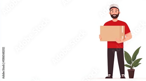 Delivery man handling package, cartoon style illustration, isolated on white background