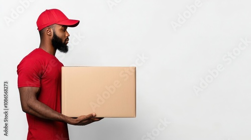 Delivery man with a box, oil painting texture, isolated on white background