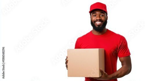 Delivery man with a box, oil painting texture, isolated on white background