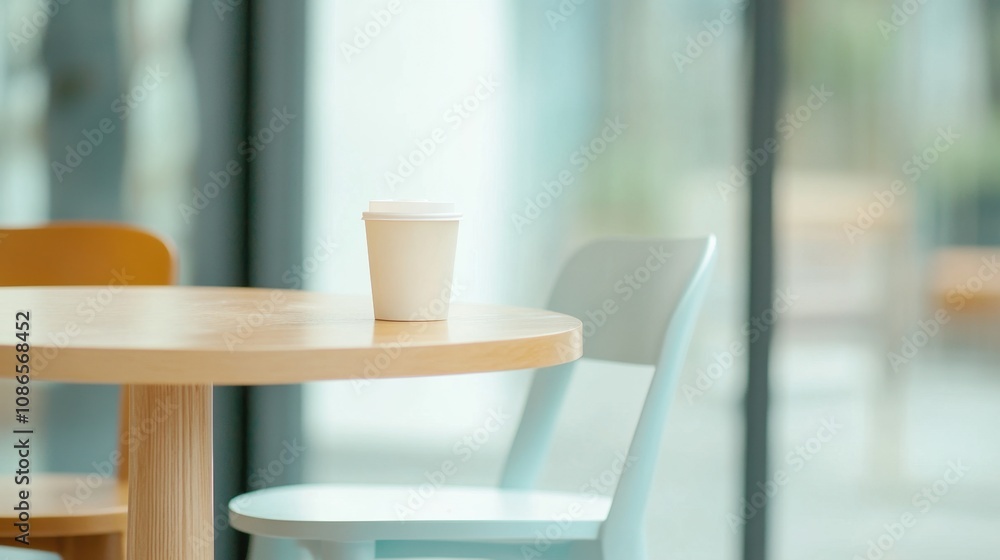 A cozy café corner featuring a coffee cup on a wooden table with colorful chairs in a modern urban setting A cozy café corner featuring a coffee cup on a wooden table with colorful chairs in a modern urban setting