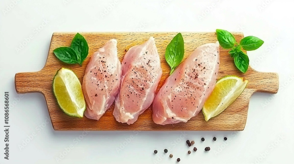 Fresh Raw Chicken Breast on Wooden Cutting Board with Lime Wedges and Basil Leaves, Ideal for Healthy Cooking and Meal Preparation in Modern Kitchens Fresh Raw Chicken Breast on Wooden Cutting Board with Lime Wedges and Basil Leaves, Ideal for Healthy Cooking and Meal Preparation in Modern Kitchens