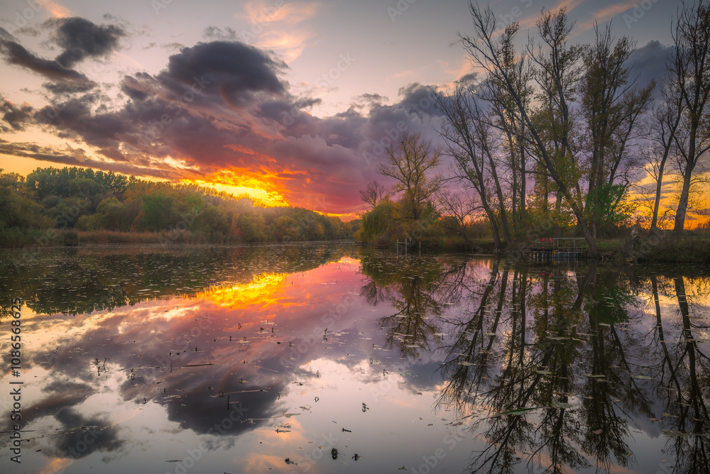 Landscape with sunset over the river Landscape with sunset over the river