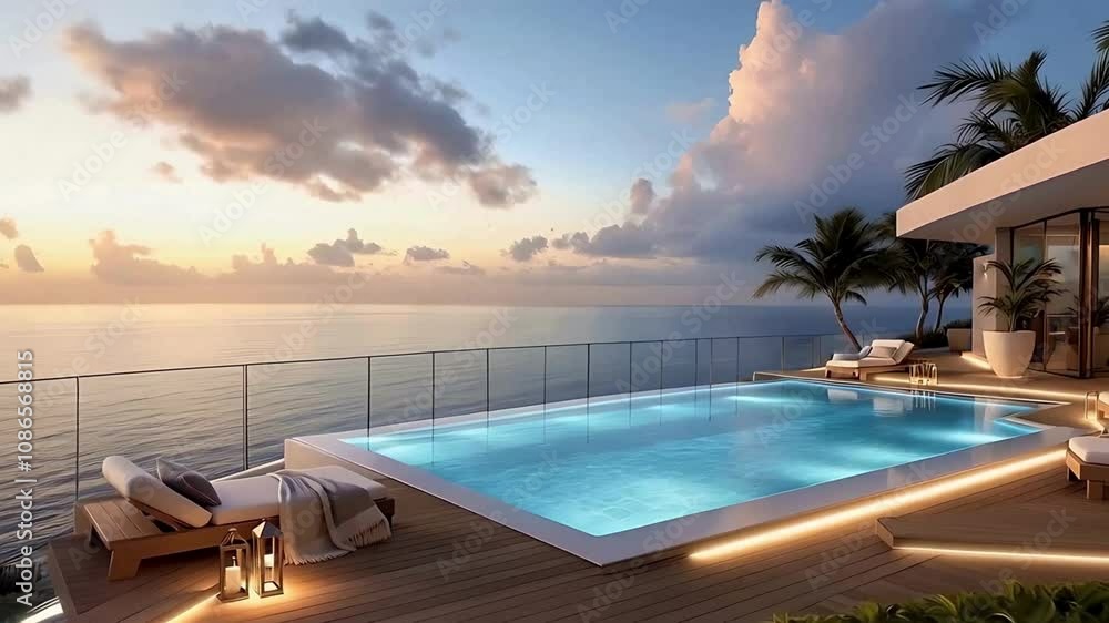 An ultra-luxury oceanfront terrace featuring an infinity-edge Jacuzzi, soft ambient lighting, and sunset views over the water, crimson color sky. An ultra-luxury oceanfront terrace featuring an infinity-edge Jacuzzi, soft ambient lighting, and sunset views over the water, crimson color sky.