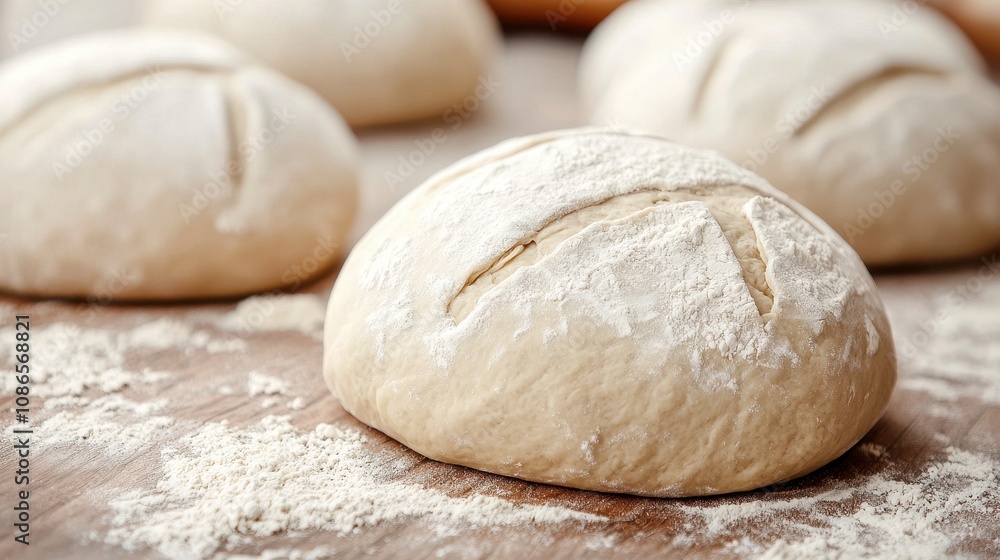 Freshly Prepared Dough Balls Ready for Baking on a Wooden Surface with Flour Dusting and Kitchen Tools in the Background for Culinary Use Freshly Prepared Dough Balls Ready for Baking on a Wooden Surface with Flour Dusting and Kitchen Tools in the Background for Culinary Use