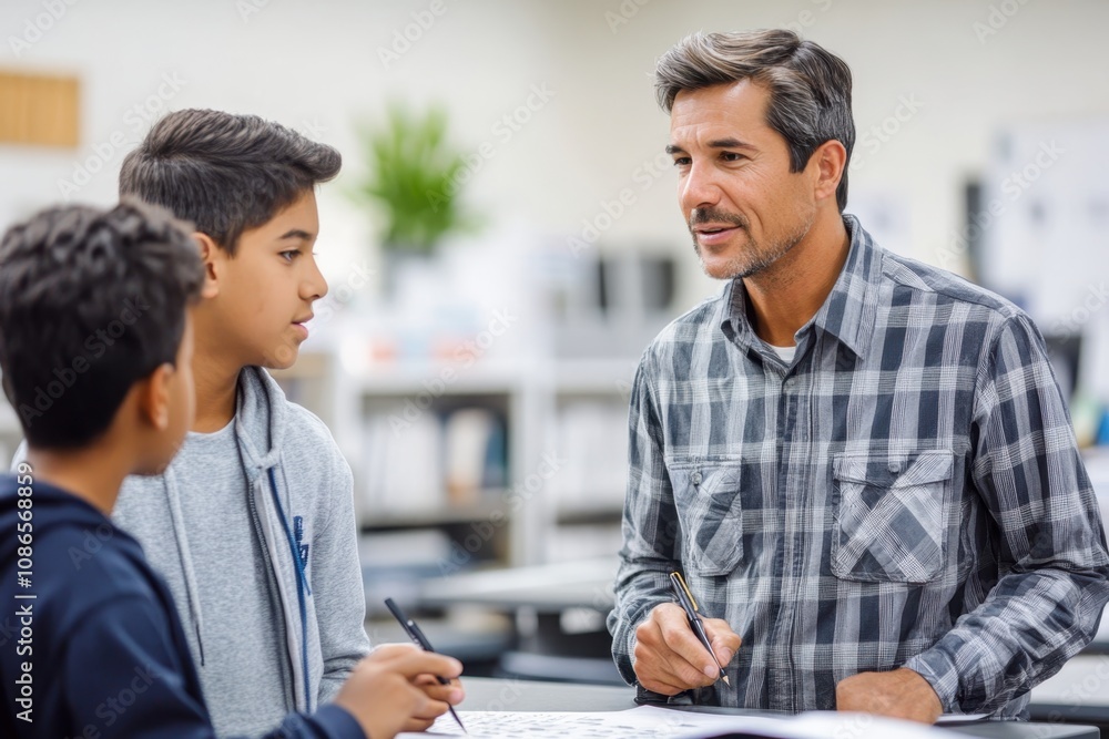 Male teacher in professional attire explaining a math problem to a student in a classroom Male teacher in professional attire explaining a math problem to a student in a classroom