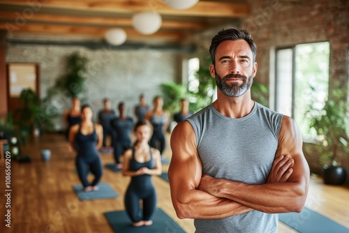 Male yoga instructor in athletic wear guiding a class through a series of poses in a tranquil yoga studio