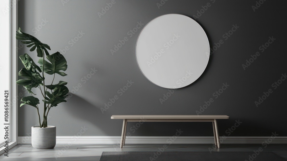 Entryway with Scandinavian bench, mirror, and hooks on a muted gray wall. Entryway with Scandinavian bench, mirror, and hooks on a muted gray wall.