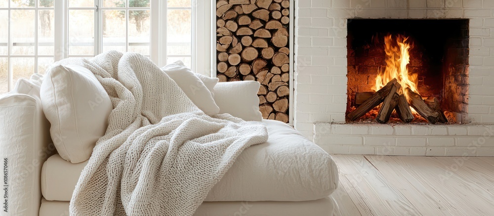 Fototapeta premium White sofa and fireplace setting in a minimalist room, perfect for cold seasons.