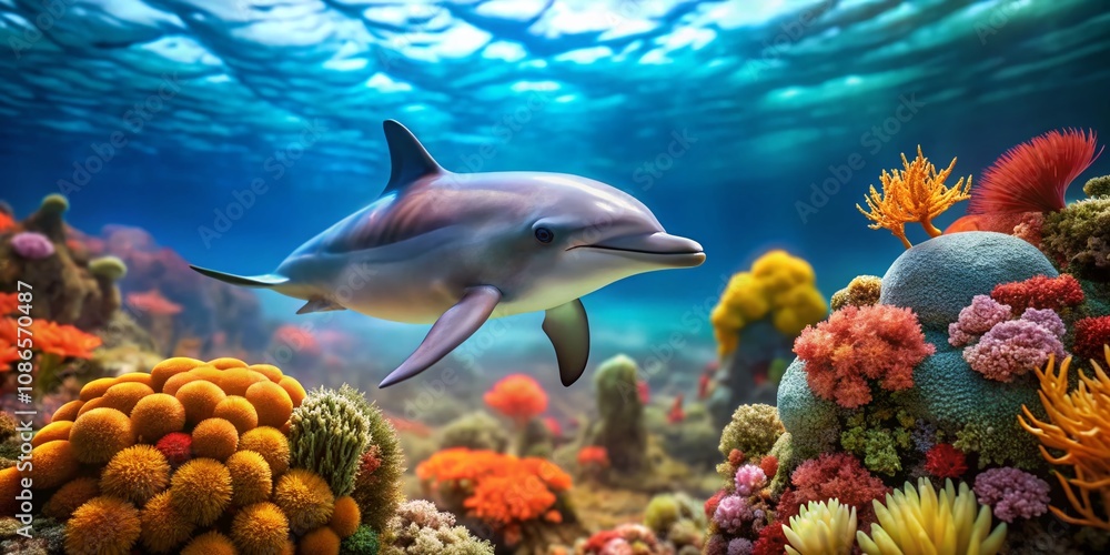 Fototapeta premium Red Sea Dolphin Tilt Shift AI Photo, Stunning Underwater Scene, Artistic Perspective