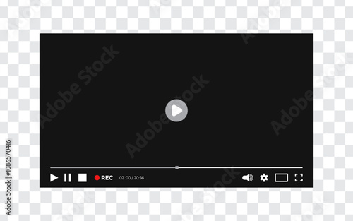 Flat video player interface layout template in black background isolated on transparent background