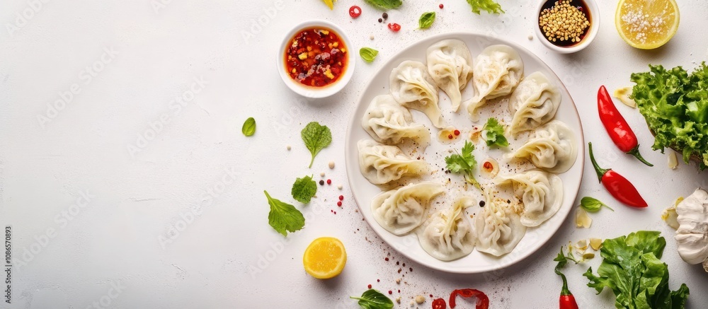 plate of dumplings surrounded by various fresh ingredients condiments top view copy space food photography plate of dumplings surrounded by various fresh ingredients condiments top view copy space food photography