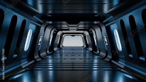 Fototapeta Naklejka Na Ścianę i Meble -  futuristic corridor features smooth lines and illuminated walls creating a high-tech atmosphere. sleek design emphasizes a clean and modern aesthetic, leading to a bright end