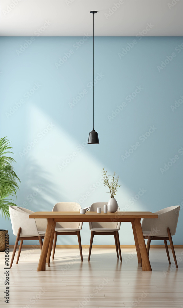 Modern Dining Room Interior Light Blue Walls Wooden Table Beige Chairs Modern Dining Room Interior Light Blue Walls Wooden Table Beige Chairs