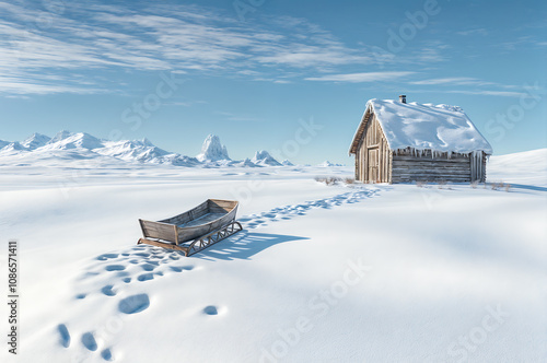 A wooden cabin in a snowy landscape with sled tracks leading to the serene mountains on a clear winter day