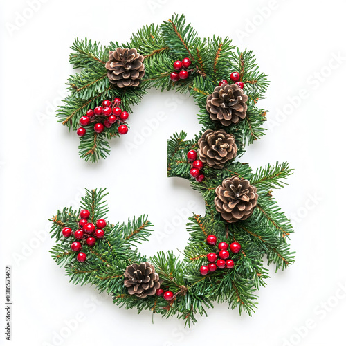 Christmas Number 3 with festive joy, embellished with pine and berries, ideal for holiday crafts and greeting cards.