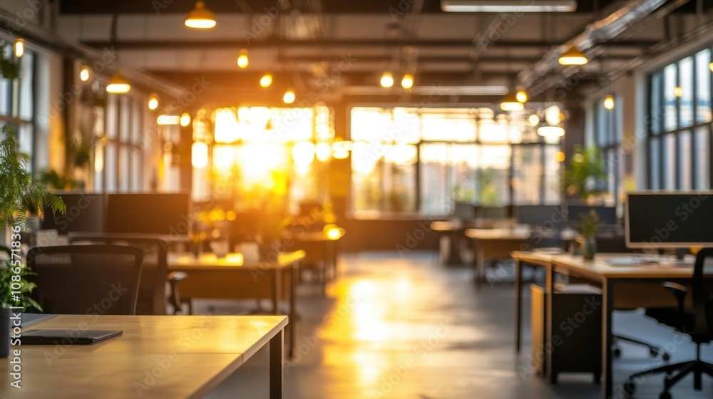 A bright sunset illuminates a modern office workspace with plants and desks in the background during the evening hours A bright sunset illuminates a modern office workspace with plants and desks in the background during the evening hours