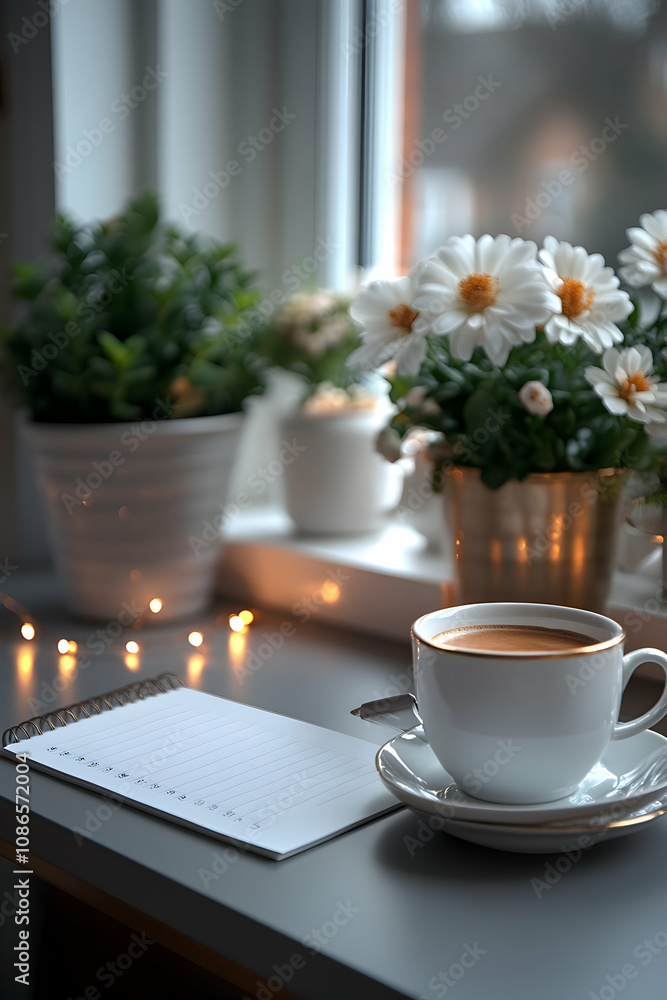 Cozy windowsill scene with coffee, flowers, and notebook. Cozy windowsill scene with coffee, flowers, and notebook.