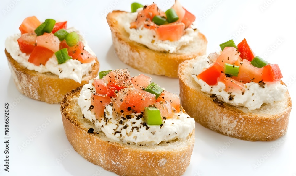 Toasted baguette bread with cream cheese and vegetables, Generative AI Toasted baguette bread with cream cheese and vegetables, Generative AI