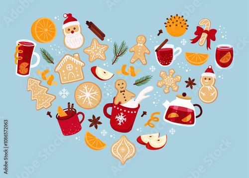 Heart shape set of winter drinks and Christmas gingerbread cookies. Vector illustration for holiday greeting card, invitation, banner, packaging. 