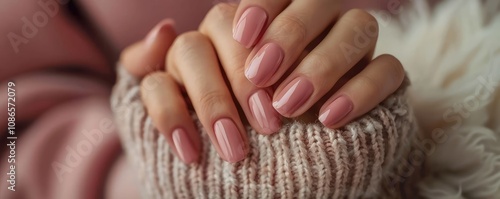 Close-up of hands with pink polished manicure sweater