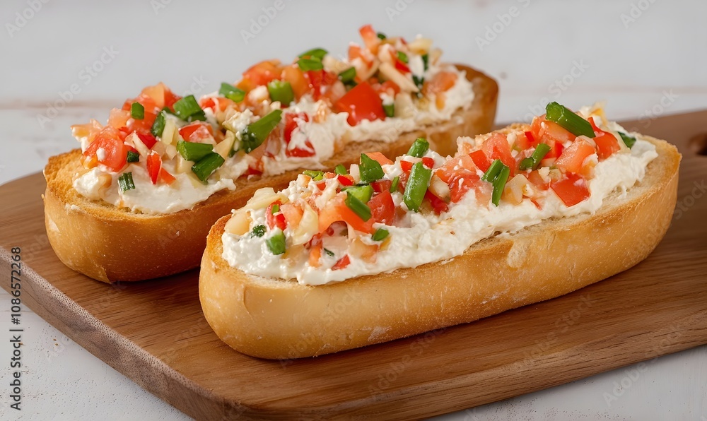 Toasted baguette bread with cream cheese and vegetables, Generative AI Toasted baguette bread with cream cheese and vegetables, Generative AI