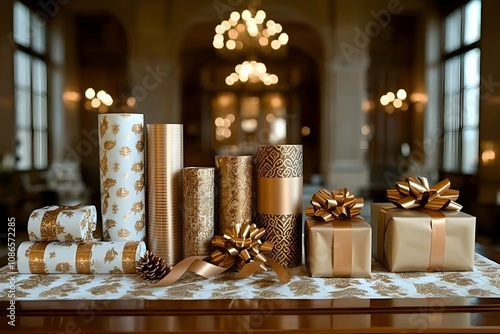 Elegant gold and white gift wrap, bows, and boxes on a table.