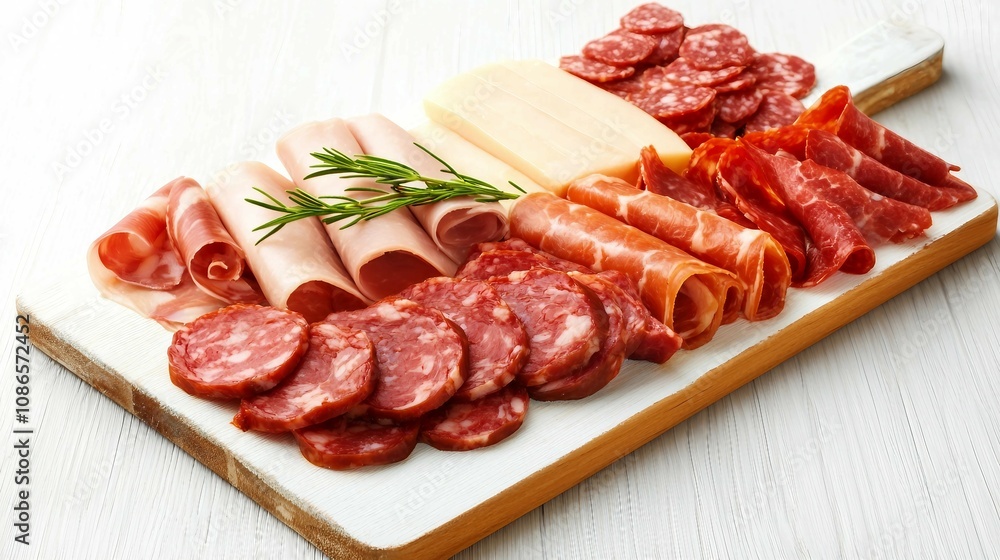 Assorted Meats and Cheese Platter with Fresh Herbs on Wooden Board for Gourmet Charcuterie Presentation and Culinary Delight Assorted Meats and Cheese Platter with Fresh Herbs on Wooden Board for Gourmet Charcuterie Presentation and Culinary Delight