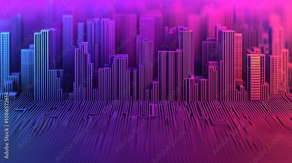 Fototapeta premium Abstract Cityscape in Neon Colors with Stylized Buildings and Ground Patterns, Creating a Futuristic Urban Environment in Vibrant Purple and Blue Hues