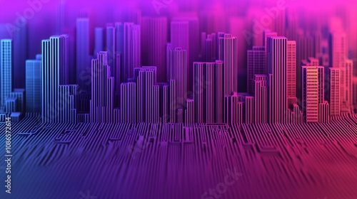 Abstract Cityscape in Neon Colors with Stylized Buildings and Ground Patterns, Creating a Futuristic Urban Environment in Vibrant Purple and Blue Hues photo