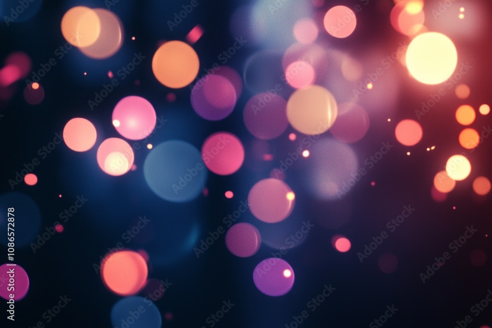 Close-up of colorful, glowing bokeh lights against a dark background, providing a festive or romantic atmosphere Close-up of colorful, glowing bokeh lights against a dark background, providing a festive or romantic atmosphere
