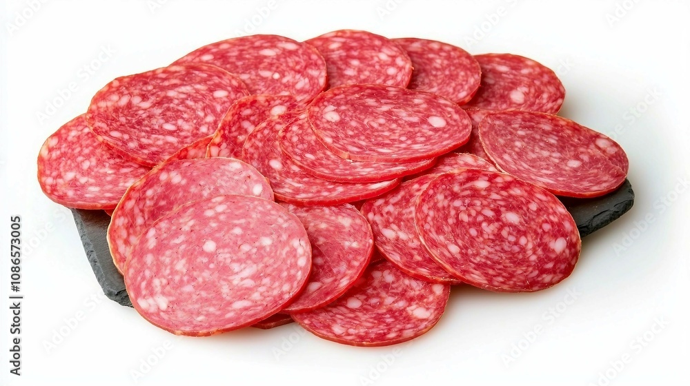 Freshly Sliced Salami on Platter with Rich Color, Perfect for Gourmet Dishes, Charcuterie Boards, or Appetizer Arrangements in Culinary Presentations Freshly Sliced Salami on Platter with Rich Color, Perfect for Gourmet Dishes, Charcuterie Boards, or Appetizer Arrangements in Culinary Presentations