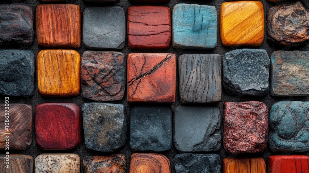 A flat lay of colorful stones and wood. Perfect for a background with a natural, earthy feel. A flat lay of colorful stones and wood. Perfect for a background with a natural, earthy feel.
