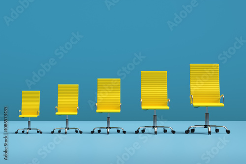 Fotografía Row of yellow office chairs getting bigger showing career progression