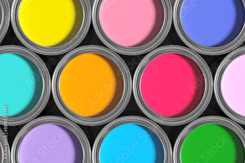 Colorful paint cans forming a vibrant and inspiring palette