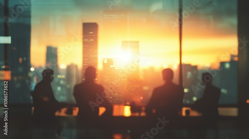 Business meeting at sunset over a city skyline with silhouettes of executives engaged in discussion