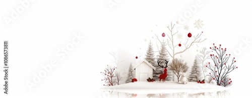 A peaceful winter countryside featuring a red barn surrounded by snow-covered trees, a wooden fence, and a calm atmosphere