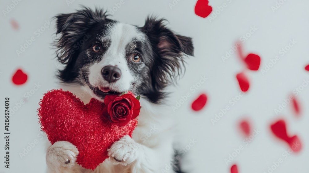 A playful dog holding a heart-shaped pillow and a rose amidst falling rose petals in a cheerful indoor setting during Valentine's Day A playful dog holding a heart-shaped pillow and a rose amidst falling rose petals in a cheerful indoor setting during Valentine's Day
