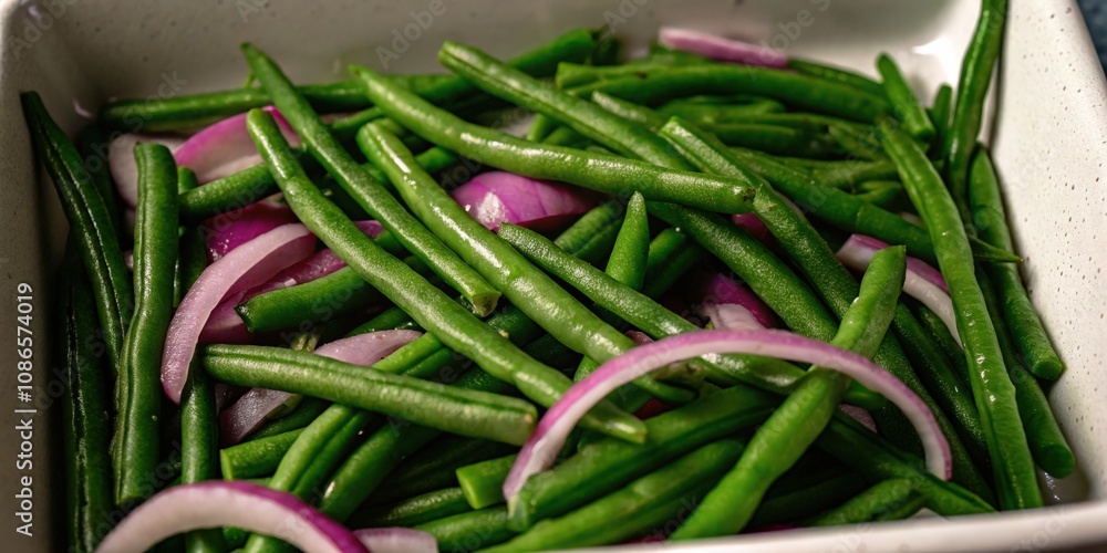 Fresh Green Beans with Red Onions in a Serving Tray Fresh Green Beans with Red Onions in a Serving Tray