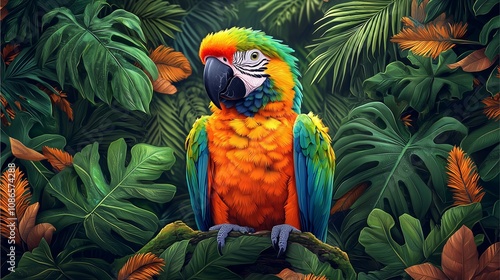 A colorful macaw parrot perched on a tree branch in a lush, tropical jungle photo